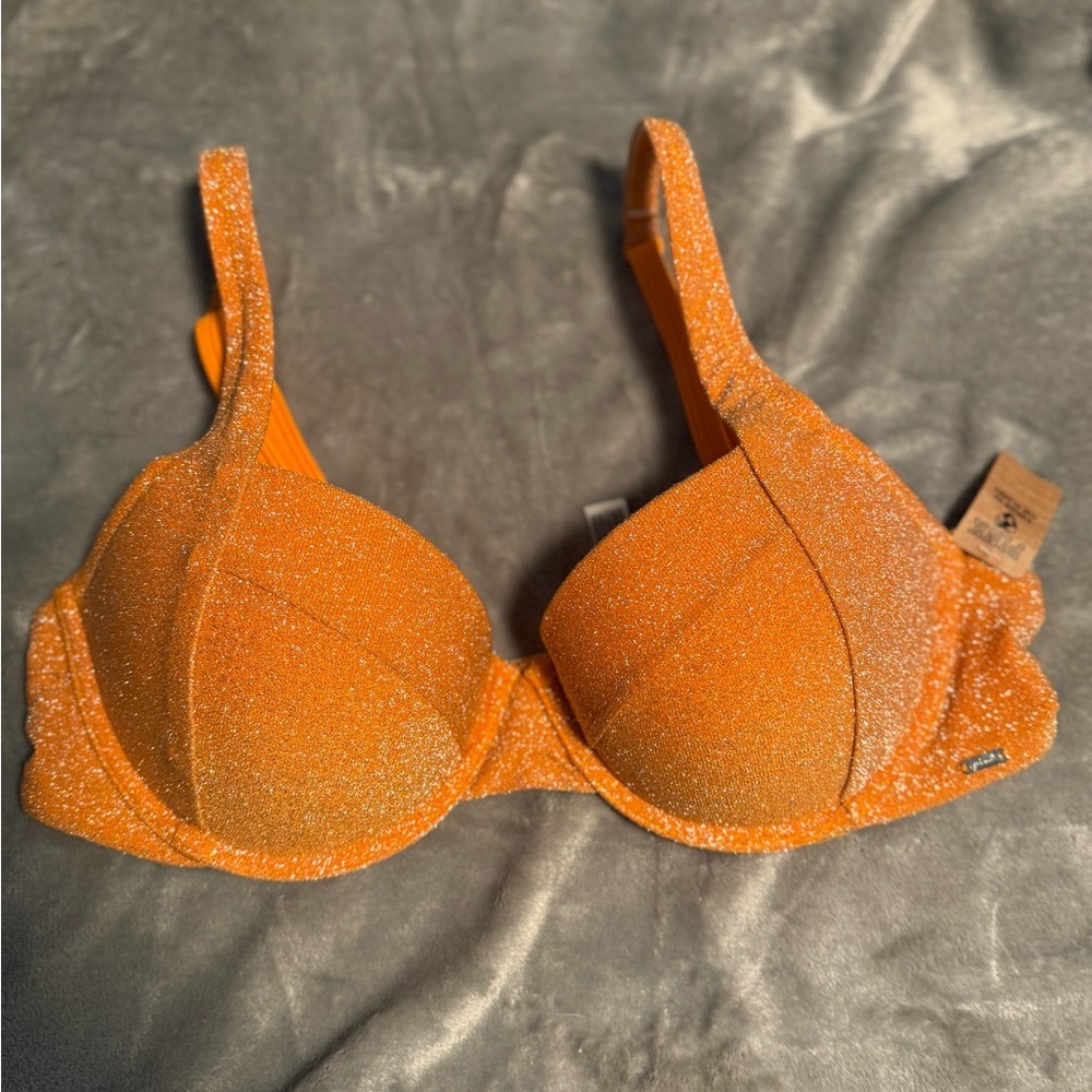 PINK Victoria's Secret Glittering Orange Swim Top Size Large - Picture 2 of 9